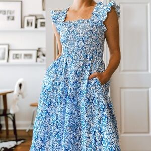 Hill House Tile-Print Square-Neck Midi Dress in Blue and White